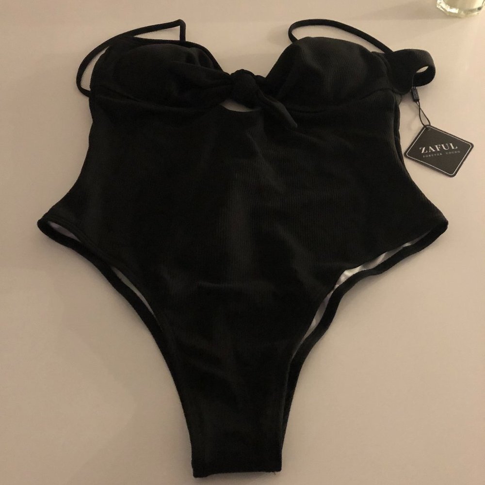 Zaful Black One-Piece Swimsuit with Front Knot